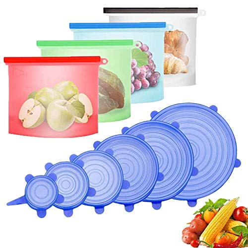 Bolsas de Silicona Reutilizables y Tapas Silicona Ajustables, 4 Piezas Bolsas Congelar para Almacenamiento + 6 Piezas Tapas de Silicona Elásticas - Sin BPA, para Verduras, Frutas, Carne, Bocadillos