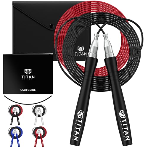 Titan Armour® Self-Locking & Adjustable, Adult Speed Skipping Rope | 2 x Steel Ropes 2.5mm & 3mm Thickness & Travel Case | Pro Jump Rope: Fitness, Crossfit, Boxing, MMA | UK Brand (Black-2)
