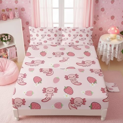 QOOMO Pink Axolotl Microfiber Flat Fitted Sheets Set for Children Kawaii Strawberry Kids Sheet Set Cute Sea Creature Super Soft Kids Bedding Set Full Size 1 Fitted Sheet, 1 Flat Sheet, 2 Pillow Cases