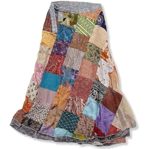 Vintage Silk Sari Patchwork Wraparound Long Skirt - Embrace Timeless Elegance Perfect for Any Occasion or Casual (Free Size -32 inch,Multicolor)