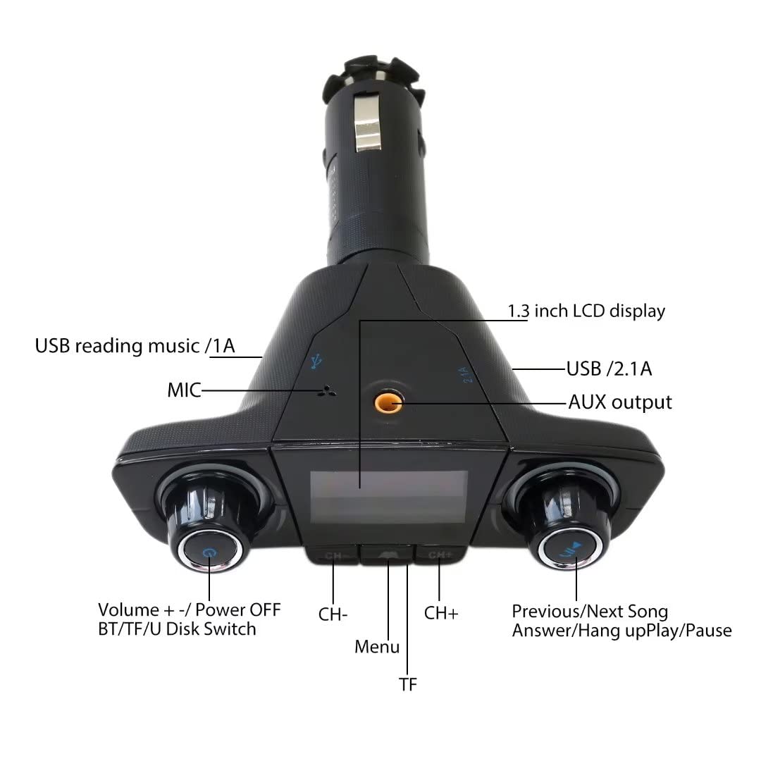 Bluetooth FM Transmitter, Wireless Radio Adapter Hands-Free Kit, Features Large-Screen Display Folder Playback Hands-Free Calling Voice Navigation