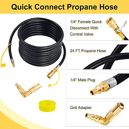 24 Ft Quick Connect Propane Hose For Rv To Grill,Rv Propane Quick Connect Hose,Low Pressure Rv Propane Hose With 1/4" Safety Shutoff Valve And 1/4" Male Full Flow Plug,Compatible With Elbow Adapter #TOP1