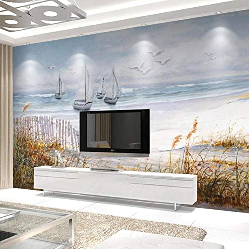 Seagull Sailboat Wall Mural, 3D Beach Landscape Peel And Stick Self-Adhesive Wallpaper, Removable Sticker Home Decor Tv Background Large Art Wall Painting 108"X 75"(W X H) #TOP2