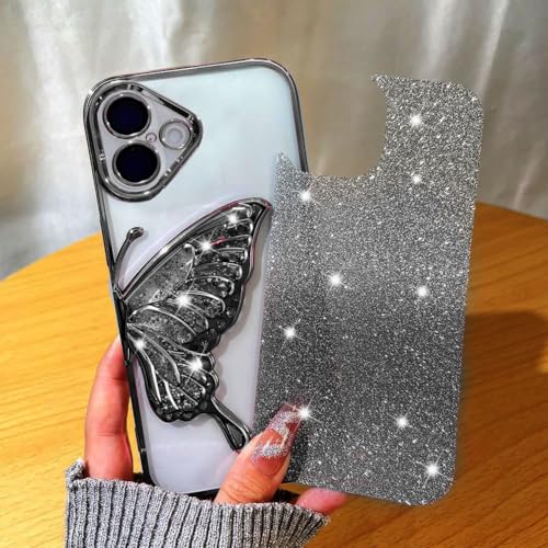 Image of mobistyle Designed for iPhone 16 Plus Cover with Glitter Cute Butterfly Electroplate Plating Design Back Cover Case for Women Teen Girls [ Silicone | Black ]