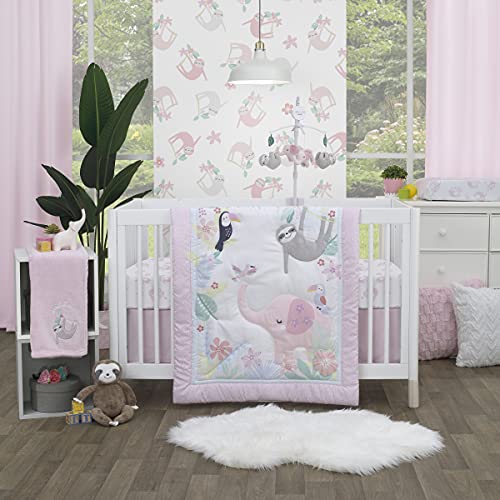 Image of NoJo Tropical Garden Pink, Green, & White Jungle Animal 3Piece Nursery Crib Bedding Set - Comforter, Fitted Crib Sheet, & Crib Skirt, Pink, Teal, Green, White