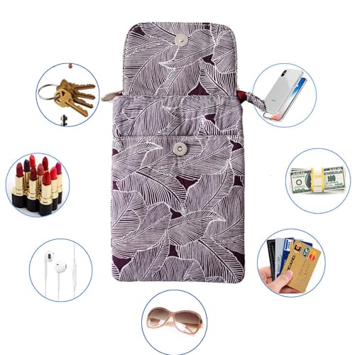 Image of LassZone Canvas Cute Crossbody Bags for Women Mini Shoulder Handbag Cell Phone Purse Wallet Leaves Pattern Coin Pouch, Red Purle, 7.6*5.5*1.5 inch