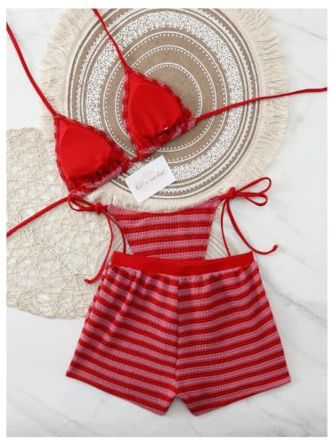 Image of RoseSeek Women's 3 Piece Striped Bikini Shorts Sets Knit Boyshort Swimsuit