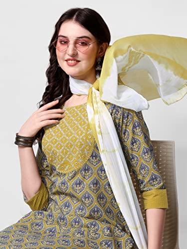 Image of MIRCHI FASHION Pure Cotton Women Straight Print & Thread Embroidery Kurti Set with Dupatta & Pant