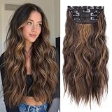4Pcs Clip in Hair Extensions, 20 Inches Long Wavy Synthetic Brown Hair Extensions Clip in, for Women and Girls (Color: Dark Brown with Light Brown Highlights)