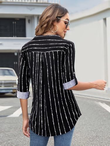 Image of Bulotus 3 /4 Length Sleeve Womens Striped Tops Zipper V Neck Collared Blouses Business Casual Tunics 2026 Spring Trendy