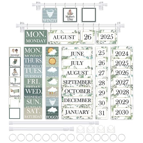 EggSun 96 Cards Classroom Bulletin Board Decorations Set for Teachers,Flip Calendar with Holder for Classroom,Adjustable Calendar,Preschool Elementary Home Decor Supplies（Greenery）