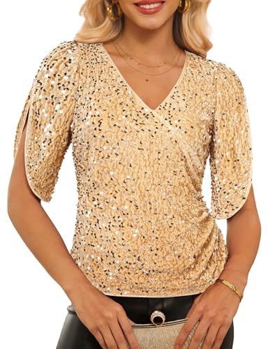 GRACE KARIN Womens 3/4 Length Sleeve Sequin Tops V Neck Velvet Ru...