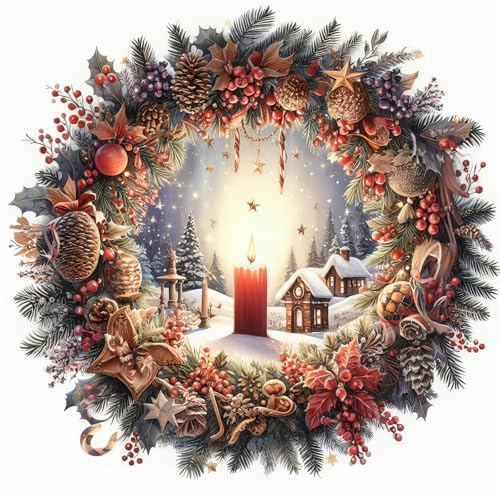 Arte de parede com cena de Natal e inverno, guirlanda tradicional com pinhas, frutas vermelhas, vila nevada, decalque decorativo de parede (guirlanda clássica de frutas silvestres)