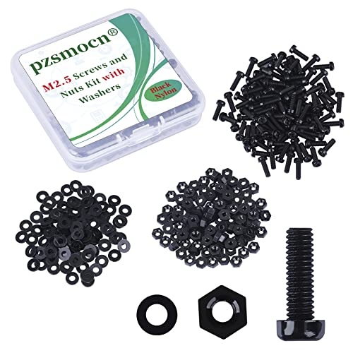 Pzsmocn 300 Pieces/100 Sets M2.5 * 8 mm Plastic Black Nylon Cross Round Head Screw Hexagonal Nut Combination Kit