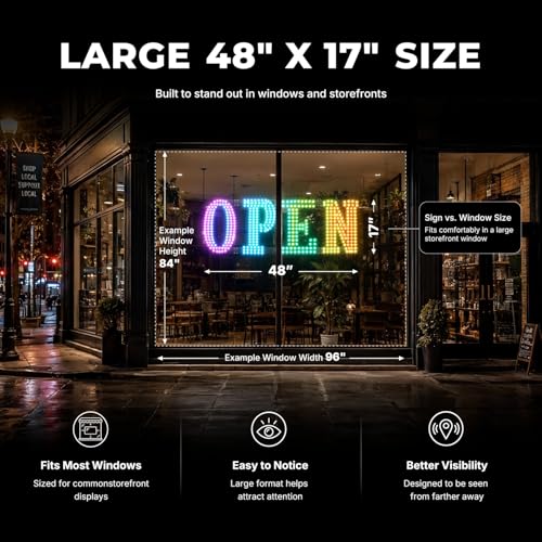 Image of 48'' x 17'' Open Signs for Business, Extra Large LED Open Sign with 16 Million Colors, APP & Remote Control, Timer, 44 Flashing Modes, Adjustable Brightness & Speed, for Storefront Window or Glass Door
