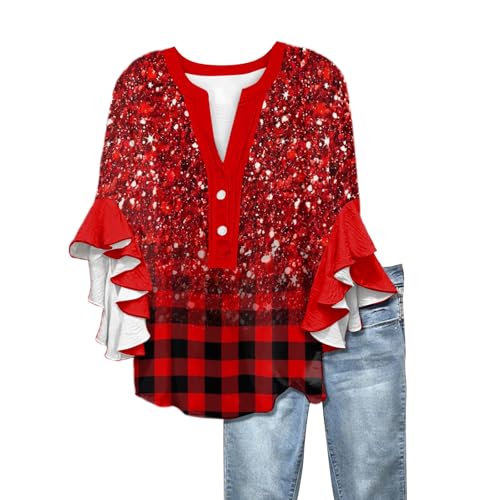 Womens Top 3/4 Sleeve Vintage Geometric V Neck Blouses Dressy Casual Trendy Ruffles Elegant Shirts Fall Clothes 2025
