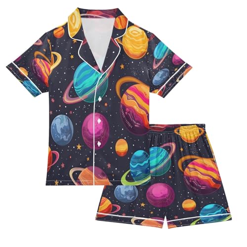 senya Pajama Sets Silky Button Down Nightwear Sleepwear Size 5-14 Years Blue Purple Yellow Planet
