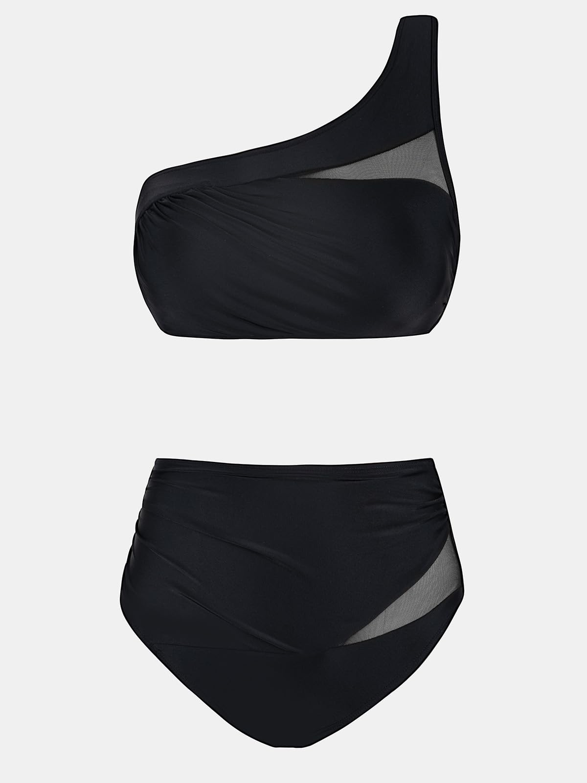 CUPSHE Bikini da donna Monospalla Costume da bagno a due pezzi a vita alta con collo asimmetrico increspato in rete, nero, XL