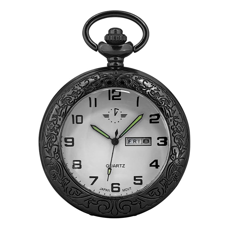 BOSHIYA Men's Hollow Quartz Pocket Watch Classic Arabic Digital Luminous dial &amp; Date Pocket Watch with Chain Christmas Graduation Birthday Gift