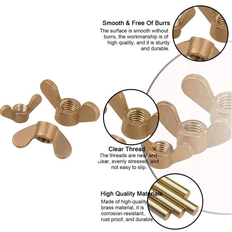 M6 Wing Nuts 5PCS Brass Wing Nut Heavy Duty Butterfly Nuts for Hand-Tightening Screws for Threaded Bolts DIY Tools - Image 4