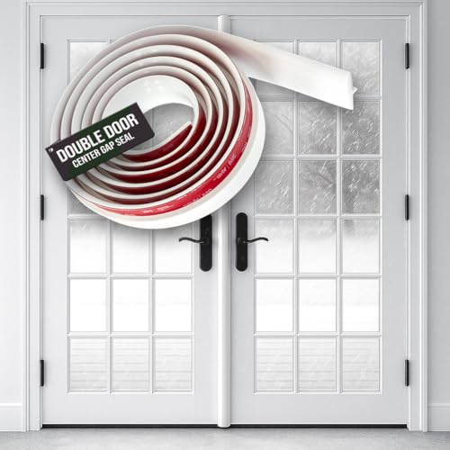 T-Shaped Silicone Door Seal for French Doors (3M Adhesive) Weather Stripping for Double Door Gaps - Flexible Insulation Strip, Blocks Drafts, Sound, Light and Cold Air (White)