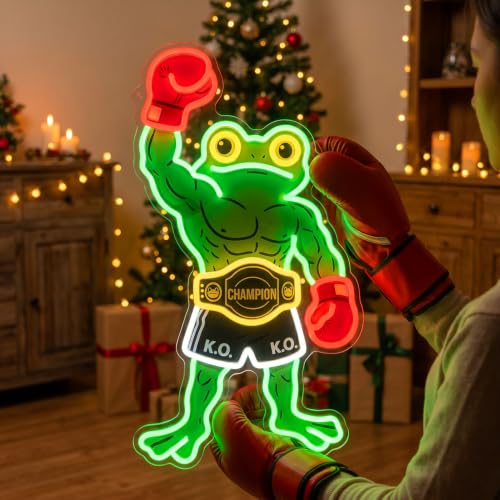 Image of HAJAE Frog Neon Sign, Dimmable Boxing Frog Champion LED Light Wall Decor - Funny Muscular Frog Gifts for Men Boys Kids, Wrestling Birthday Party Decorations, Gym Man Cave Room Neon Light