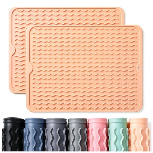 Image of CAKETIME 2 Pack Silicone Dish Drying Mat for Kitchen Counter Waterproof Place mats Sink Protector Stove Top Organizer Appliance Storage Vanity Trays Dryer Rack Drainers Items 15 inchx11.5 inch Beige