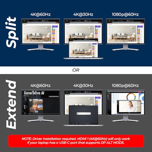 Image of OREI SplitXtend USB C Docking Station Triple Monitor with 3xHDMI Ports - 4K | Thunderbolt 4 Dock, HDMI DisplayPort Hub, Dual Monitor HDMI Adapter Extend, USB C Splitter, 100W PD, SD Card Reader