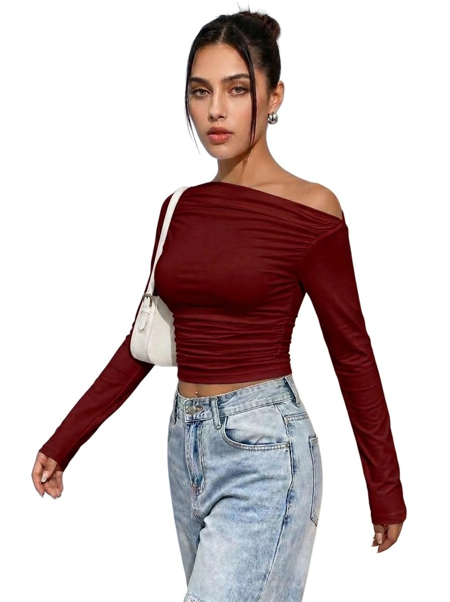 istyle can Women Solid Asymmetrical Neck Ruched Crop Top-picture-30