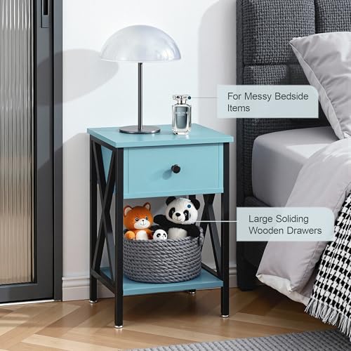 Image of VECELO Nightstand,Modern Bedside End Table, Night Stand with Drawer and Storage Shelf for Living Room Bedroom, Industrial Metal Frame