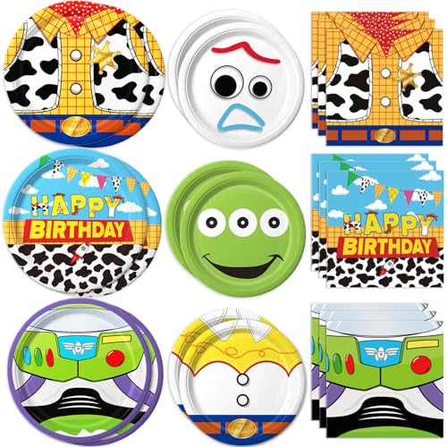 90Pcs Cartoon Birthday Party Supplies Cartoon Plates Napkins Tableware for Toy Theme Birthday Decor for 30 Guests
