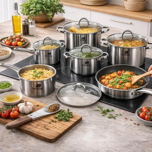 HOUSZY 12PC Cookware Set - Saucepan Frying Pan Casserole Stainless Steel Cookware Non Stick Kitchenware Glass Lids Strong Quality Long Lasting & Durable - Image 3