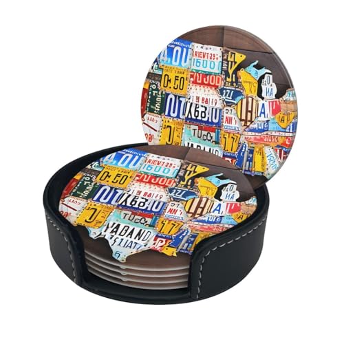 Sottobicchieri rotondi in pelle con stampa di targhe e mappe, 3,9 pollici, eleganti sottobicchieri in pelle PU con scatola portaoggetti per tavolo da pranzo