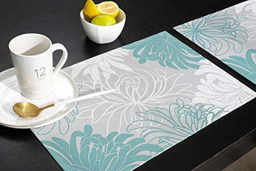 Artshowing Set Of 6 Placemats Heat-Resistant For Dining Table Linen Table Mats Floral Rectangle Pad Placemat 12 X 18 Inch - Chrysanthemum Flower Teal Grey White #TOP4