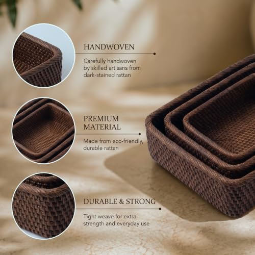 Image of Yangqihome Natural Rattan Storage Baskets, Rectangular Woven Fruit Baskets, Decorative Wicker Basket and Small Baskets for Organizing,Set of 3, (Brown)