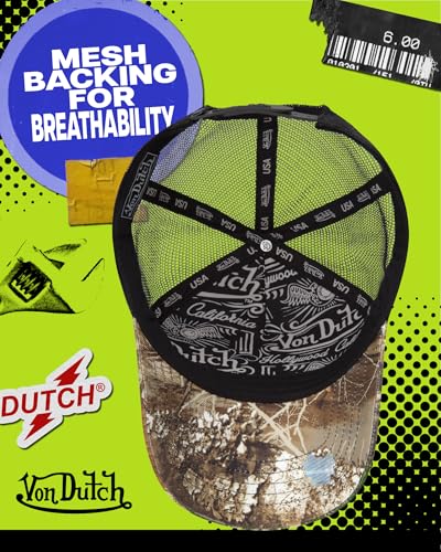 Image of Von Dutch Mens & Womens Trucker Hat - Adjustable Snapback Curved Brim Realtree Camo Hunting Baseball Cap for Men and Women