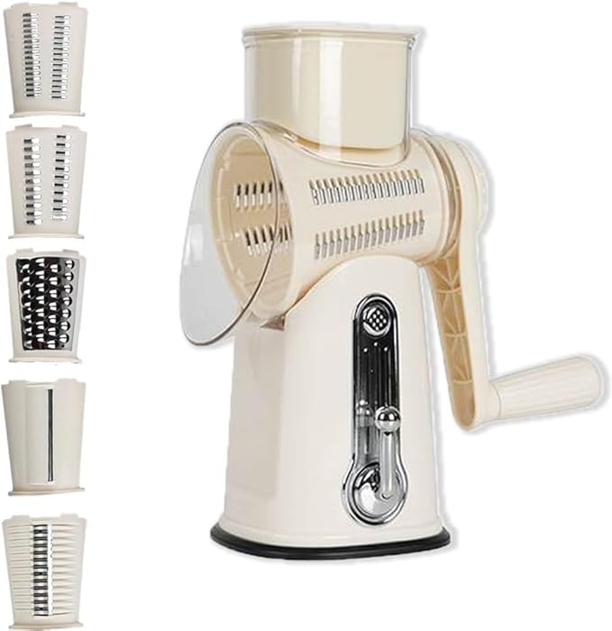 Premium Quality 5 in 1 Cheese Grater Hand Crank - Stainless Steel Rotary Cheese Grater for Effortless Grating - Durable and Ergonomic Design for Professional and Home Use (Beige)