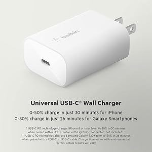 Belkin USB C Charger Block 25W - Power Delivery PPS Super Fast Charging - Apple iPhone 17, Air, Pro, AirPods, Samsung Galaxy S25, iPad, AirPods, Google Pixel 10, Nintendo Switch 2 & More - White