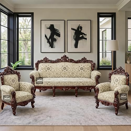 UNIQUE WOOD ART Royal Carved Wooden Sofa Set | 3+1+1 Seater | Antique with Button Tufted Velvet Upholstery | Victorian Style Living Room Furniture Tufted Sofa Set Grey 3-Piece (Design 5)