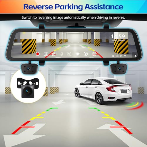 12 Inch 1080P Mirror Dash Cam,4 Channel Front and Rear Inside View Mirror Camera Mirror Dash Cam with GPS,Night Vision,G-Sensor,Parking Assistance,APP Control,Parking Monitor,Waterproof Backup Camera by AMprime - Used condition - Image 7
