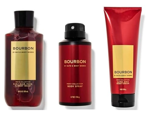 Bath & Body Works Bourbon - Crema corporal Ultra Shea de 8 onzas, 2 en 1 para el cabello + gel de baño de 10 onzas y spray corporal desodorizante de