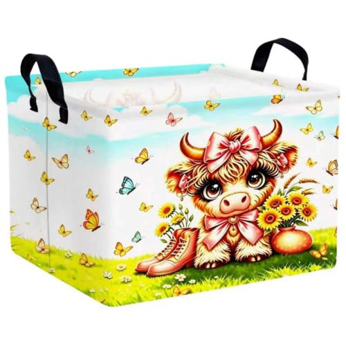 Rectangular Highland Cow Gifts Basket Collapsible Baby Stuff Storage Box Bins Nursery Western Room Bedroom Decor (Bow Highland Cow)