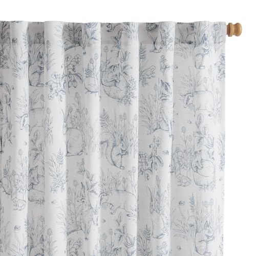 Image of Vangao Easter Blue Nursery Curtains for Kids Room Linen Curtains 63 Inch Long Farmhouse Drapes with Bunny Woodland Wildlife Print Light Filtering French Country Forest Design 2 Panels