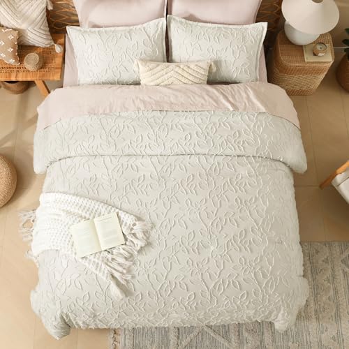 Image of Litanika Super King Plus Comforter Set Beige, 3 Piece Boho Tufted Bedding, Fluffy Farmhouse Bed Set for All Season with 2 Leaf Pattern Pillowcases(128x120In)