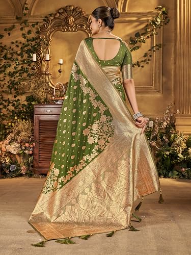 Image of Mehrang Women's Banarasi Silk Kanjivaram Saree For Wedding With Pure Zari Work, Woven Design, With Unstitched Blouse Piece