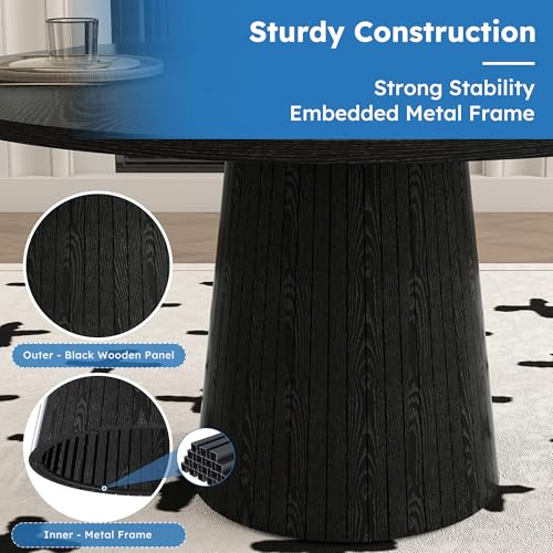 Image of Modern Round Dining Table, 47 inch Black Round Kitchen Table with Wood Grain Tabletop & Fluted Strip Base, Space Saving Circle Dining Table Seats 4-6, Ideal for Dining Room, Living Room, Small Space