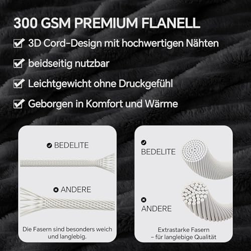 BEDELITE Kuscheldecke Flauschig Decke Klein - weiche Flanell Decken Schwarz 125x150 für Sofa, Deko Streifen Cord Fleecedecke als Sofaüberwurf für Wohnzimmer, Throw Blanket Wide Use