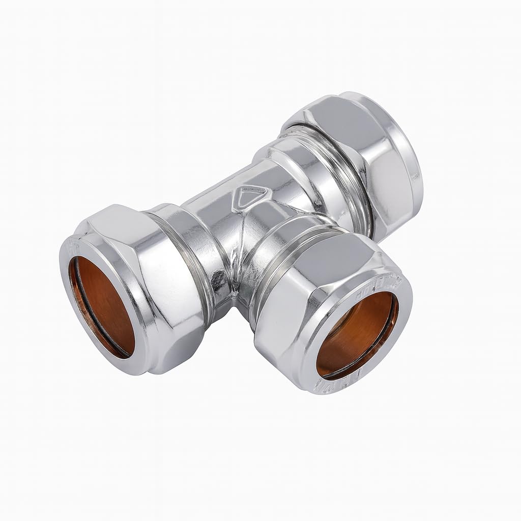 Westco 22mm Brass Compression Equal Tee Fitting - Bright Chrome Finish