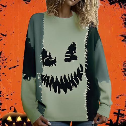 Halloween Sweaters for Women 2025 Spooky Face Print Stitched Cozy Knit Sweater Funny Patchwork Festival Tops2