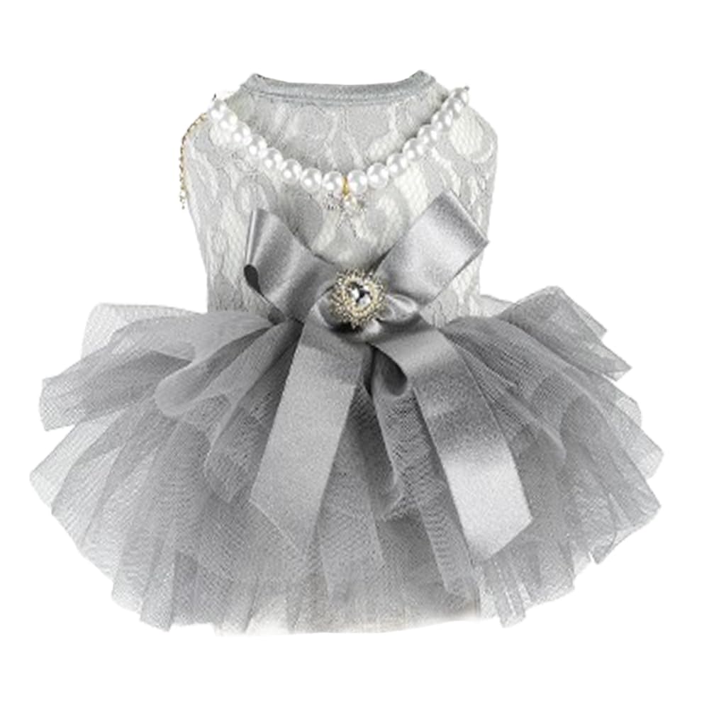 ANIAC Gray Dog Dress for Small Dogs Female,Bow Knot Girl Puppy Clothes with Detachable Pearl Necklace, Elegant Cat Dress, Formal Pet Pary Outfit for Wedding Birthday Valentines (Gray, Large) — image 1